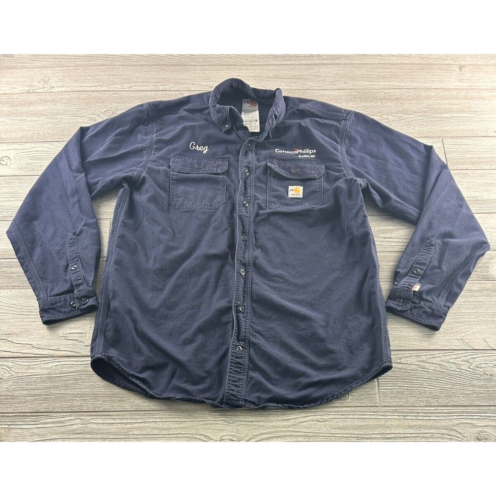 Carhartt FRS160 DNY Navy Flame Resistant Classic Work Collared Shirt Sz Lg Tall